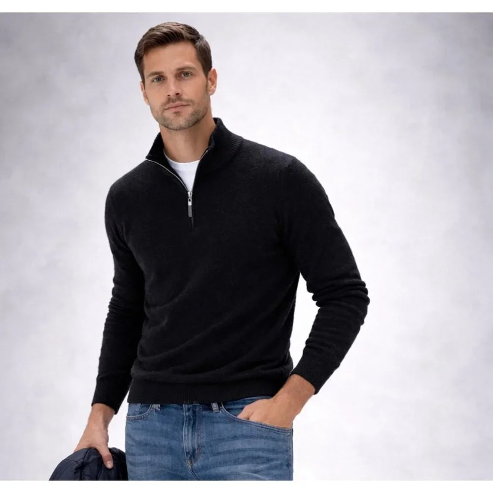 QI Cashmere Men’s Black 1/4 Zip Pullover Sweater 100% Cashmere Size M